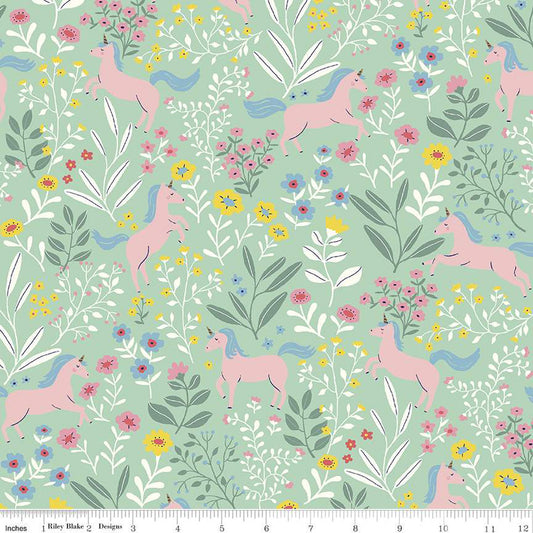 Unicorns Sweet Mint Designer Flannel by Riley Blake - Sold by the 1/4yd