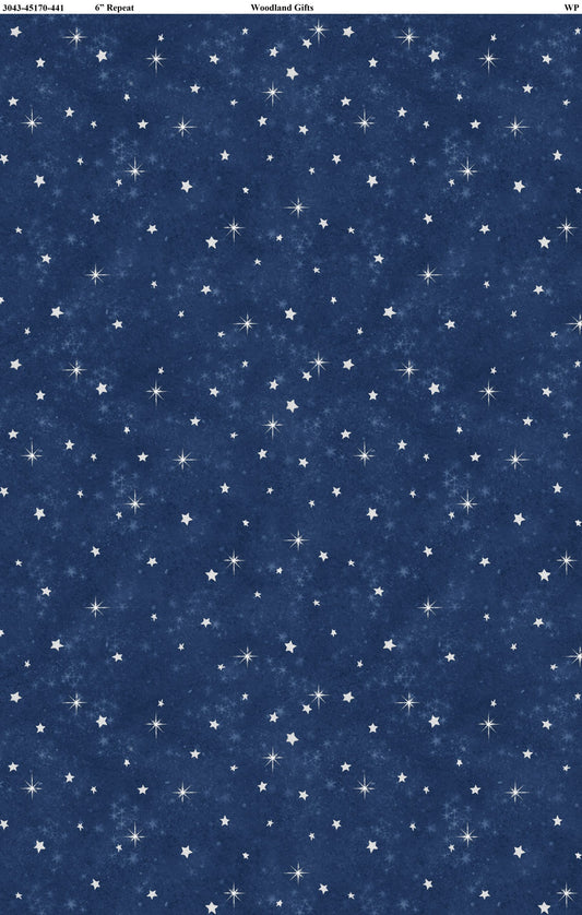 Woodland Gifts Star Toss Navy Blue By Makiko for Wilmington Prints.