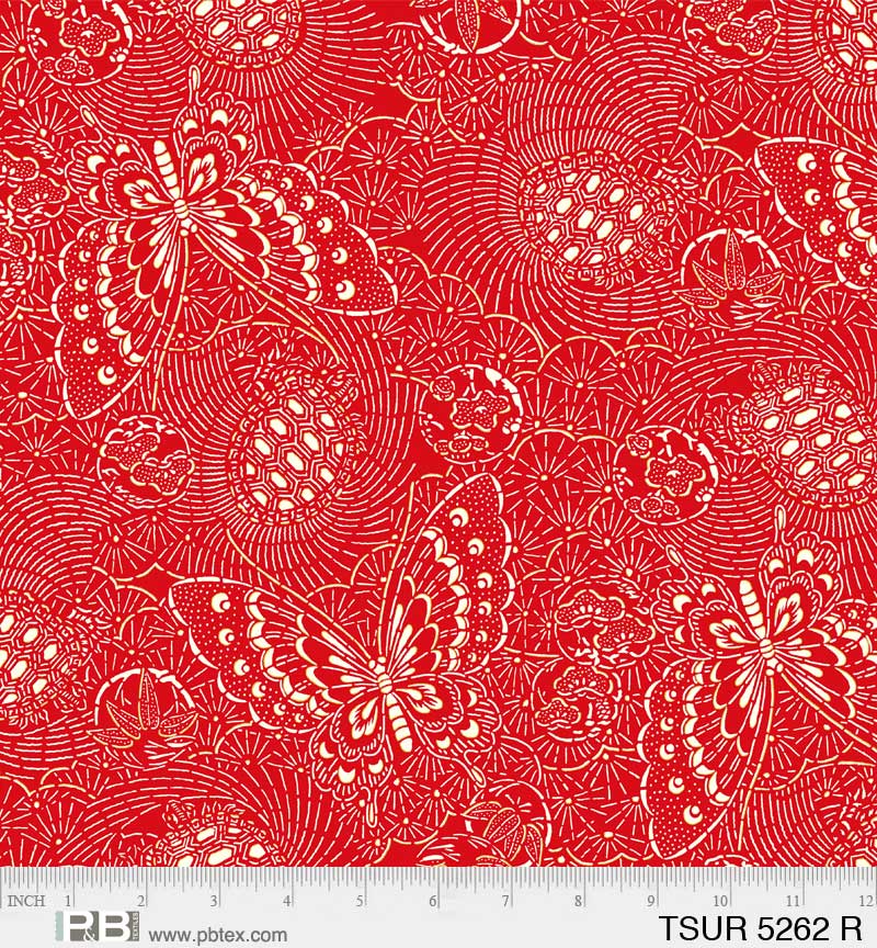 Tsuru Butterfly Linework Red - P&B Textiles