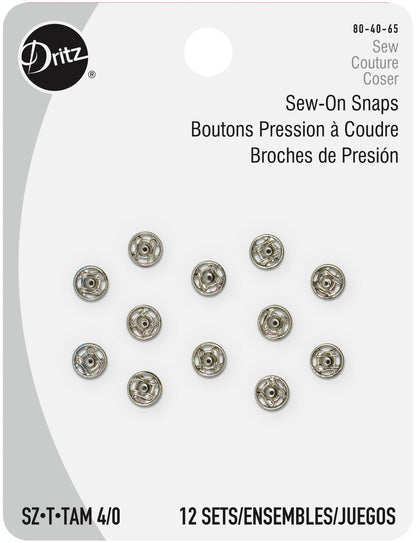 Dritz Sew-On Snaps Size 4/0, 12 Set, Nickel