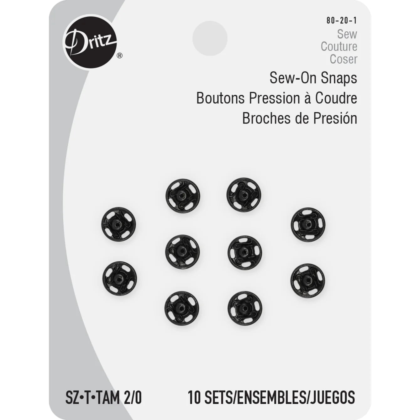 Dritz Sew-On Snaps Size 2/0 10pc. Black